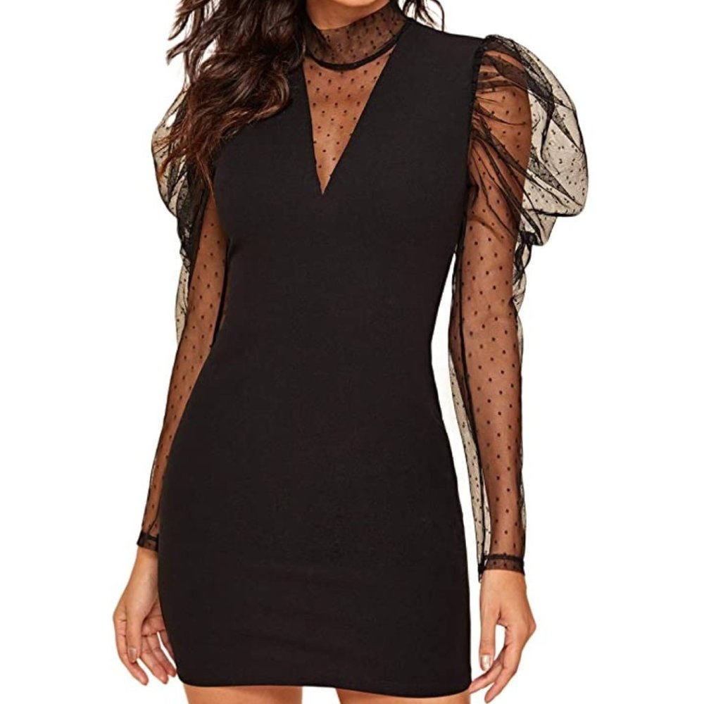 NWT French Dot Puff Sleeve Mesh Plunge Mini Dress